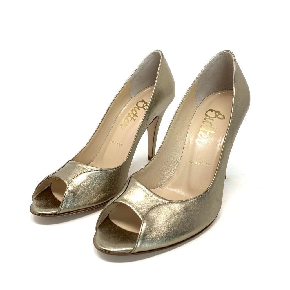 Butter Italy Shoes Size 8 Metallic Gold Leather Peep Toe Pumps Heels